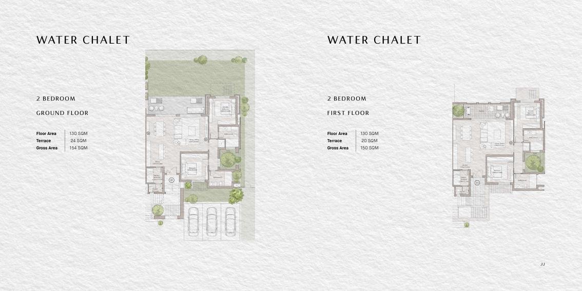 2 Bedroom Water Chalet floor plan and area schedule from SODIC brochure